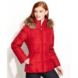 CALVIN KLEIN Red Winter Puffer Coat Zip Up Fur Hood